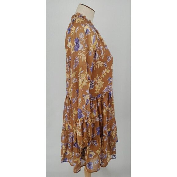 Altar'd State Dress Womens S Brown Floral Tiered Peasant Sleeve Mini Boho Puff - Picture 7 of 10